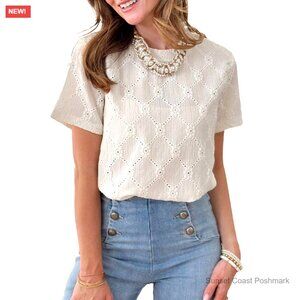 Casual Scoop Neck Short Sleeve Eyelet Embroidered Hollow Out Blouse